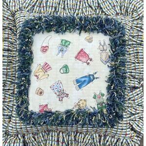 VTG Throw Pillow Fringe Homemade Grandma Blue White 90s Retro Folk Art
